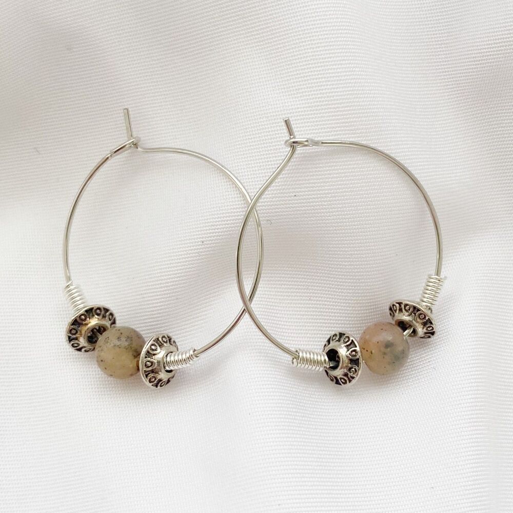 Stainless Steel Hoop Earrings with Peach Pink Round and Silver Bead